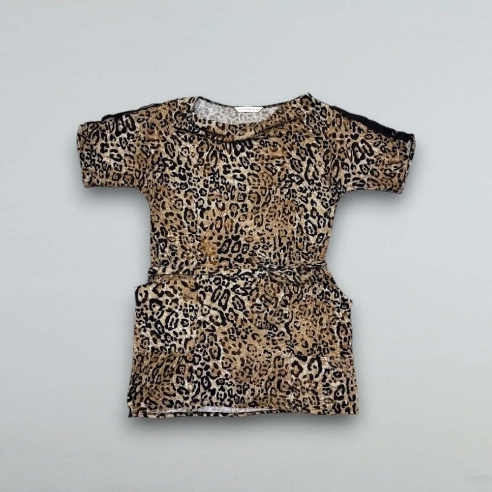 Leopard Print Belted Tunic Mini Dress Pockets Short Sleeve Approx Large